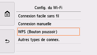 Écran Configuration Wi-Fi : sélectionnez WPS (Bouton pouss.)